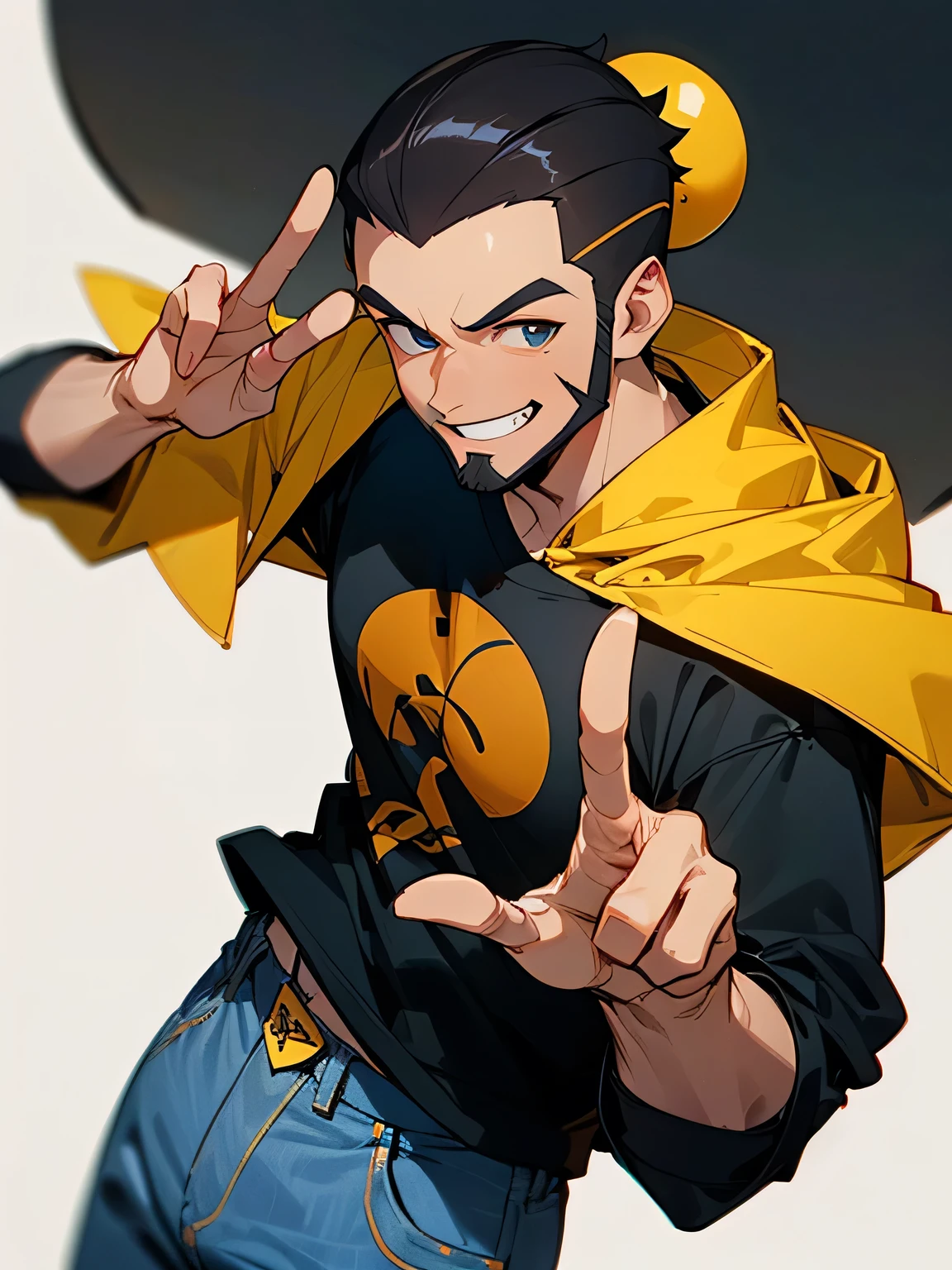 solo, upperbody, man, black upside short perm sideshaved, (dark skin:1.2), big forehead, close up handsome face,big funny smile, beard:0.6, black t-shirts, jeans, (peace sign both hands), model pose,proud smile, (I am the main character), white simple back ground,