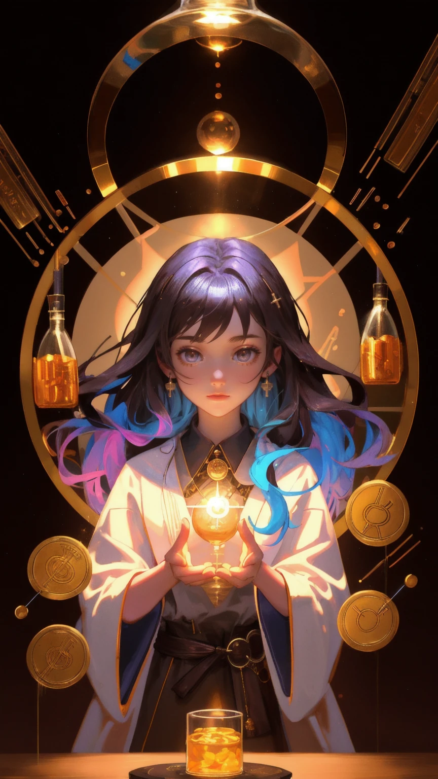 A beautiful young alchemist girl in a flowing robe, working in a mystical laboratory filled with glowing Bitcoin coins and magical potions. The scene captures the essence of 'Altcoin Alchemy' with a rich, brown background, as the girl wields a wand, channeling energy into the floating coins above the table filled with colorful beakers and vials.