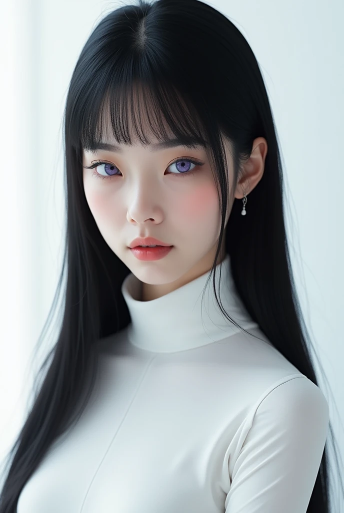 A young woman with long, sleek black hair and a straight fringe stands calmly, exuding a sense of grace and quiet power. Her pale skin contrasts beautifully with her dark hair, and her eyes are a striking lavender, glowing softly and reflecting an inner strength. She wears a high-necked, white turtleneck that adds to her minimalist yet elegant appearance. The background is removed, placing full focus on her serene yet enigmatic expression, as if she holds deep secrets within. The overall atmosphere is one of calm, elegance, and a subtle, underlying power.