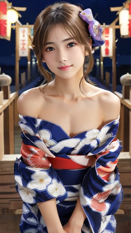 Non-NSFW、Real、(Highest quality), (masterpiece)、Ultra-high resolution、RAW Photos, (upper body), (Night festival:1.5), Fantasy、Looking into the camera、alone、(Maiko:1.1), Beautiful Spirit、Super Beauty, (Mature:1.2), (12years-old:1.6)、Moisturized Skin、Perfect model body、Beautiful Eyes、Big eyes, (brown eyes:1.2)、Inconspicuous tear bags、(slim:1.2)、Beautiful fingers、Very long hair、highly saturated photos, clavicle, Splash, attractive,skinny, (smile:1.1), no_panties, (Large Breasts:1.2), Nipples, (brown hair), (Waist-length hair:1.5), Small Ass, lips, (Off-the-shoulder yukata:1.6),(Flashy yukata:1.2),(flashy obi:1.2), (Several sexy poses:1.1)