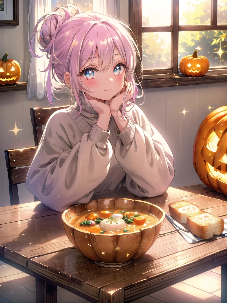 ((8k, Highest quality, masterpiece: 1.3)),Ultra-high resolution,(1 girl, alone), (Color changing eyes, Ultra-detailed, Expressive brilliance, Glitter, Glowing Eyes), Highly detailed eyes, Highly detailed face, Random Hair, ((pastel colour)Sitting cross-legged on the floor at a low wooden table, the woman enjoys a simple lunch of a small bowl of creamy pumpkin soup, accompanied by a slice of whole grain bread. She’s dressed in a comfortable oversized sweater and leggings, her hair pulled into a messy bun. The scene is lit by warm, late-morning sunlight pouring through a nearby window. She looks at the camera with a gentle smile, holding the bowl with both hands close to her face as she inhales the aroma, her eyes reflecting a moment of contentment.