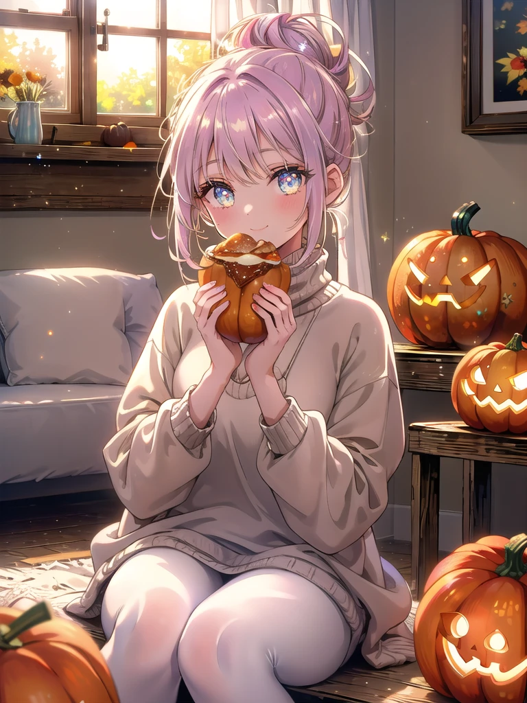 ((8k, Highest quality, masterpiece: 1.3)),Ultra-high resolution,(1 girl, alone), (Color changing eyes, Ultra-detailed, Expressive brilliance, Glitter, Glowing Eyes), Highly detailed eyes, Highly detailed face, Random Hair, ((pastel colour)Sitting cross-legged on the floor at a low wooden table, the woman enjoys a simple lunch of a small bowl of creamy pumpkin soup, accompanied by a slice of whole grain bread. She’s dressed in a comfortable oversized sweater and leggings, her hair pulled into a messy bun. The scene is lit by warm, late-morning sunlight pouring through a nearby window. She looks at the camera with a gentle smile, holding the bowl with both hands close to her face as she inhales the aroma, her eyes reflecting a moment of contentment.