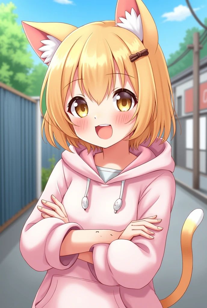 (masutepiece), (Highest Quality), (Illustration), (super detailed), (High resolution), absurdity, One girl, Smile, Short hair, hair clips, (Cat ear hoodie), Wearing a hoodie hat, Moe Sleeves, blush, Black shorts, (Blonde), Very cute girl, Small, 年轻, Delicate, Outdoors, Note to girls、(SEX)、(cum shots)、from behind、Lips are pink、stockings