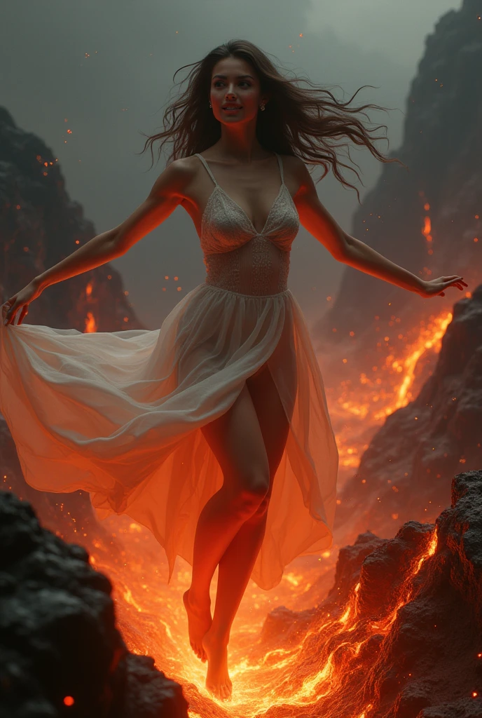 A beautiful woman, waering a short sleeveed red dress, jumping into a pit of lava, underground
