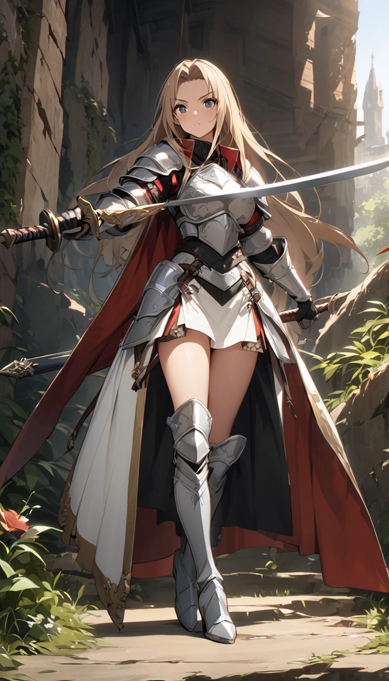 Ultra-high definition image quality、beautiful girl、Female Warrior、Female Swordsman、Light Armor、Silver Boots、Long Hair、knight&#39;hair ornaments、Silver Hair、20-year-old、Be confident々face、Very short tight skirt、Sexy posture、wilderness、Highest quality,Big Ass、Big Breasts、Thighs、Grabbing the spear、Gorgeous embroidered lace panties、Joan of Arc style clothing、Wind King Barrier、Her hair is blowing in the wind、The Sword of Promised Victory、god々Wearing a bright aura、Big Ass、Valkyrie the War Maiden、Crotch close-up、Angle from directly below、Squat with your legs apart、（Confused eyes）、３White eyes、（Female Demon Lord）、Yandere