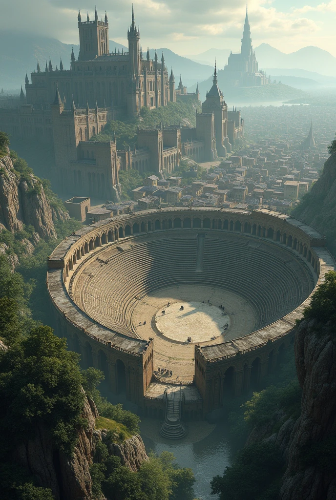 An old map of a large, walled city but with a small coliseum at its center and a large school of magic to the north bordering a forest.