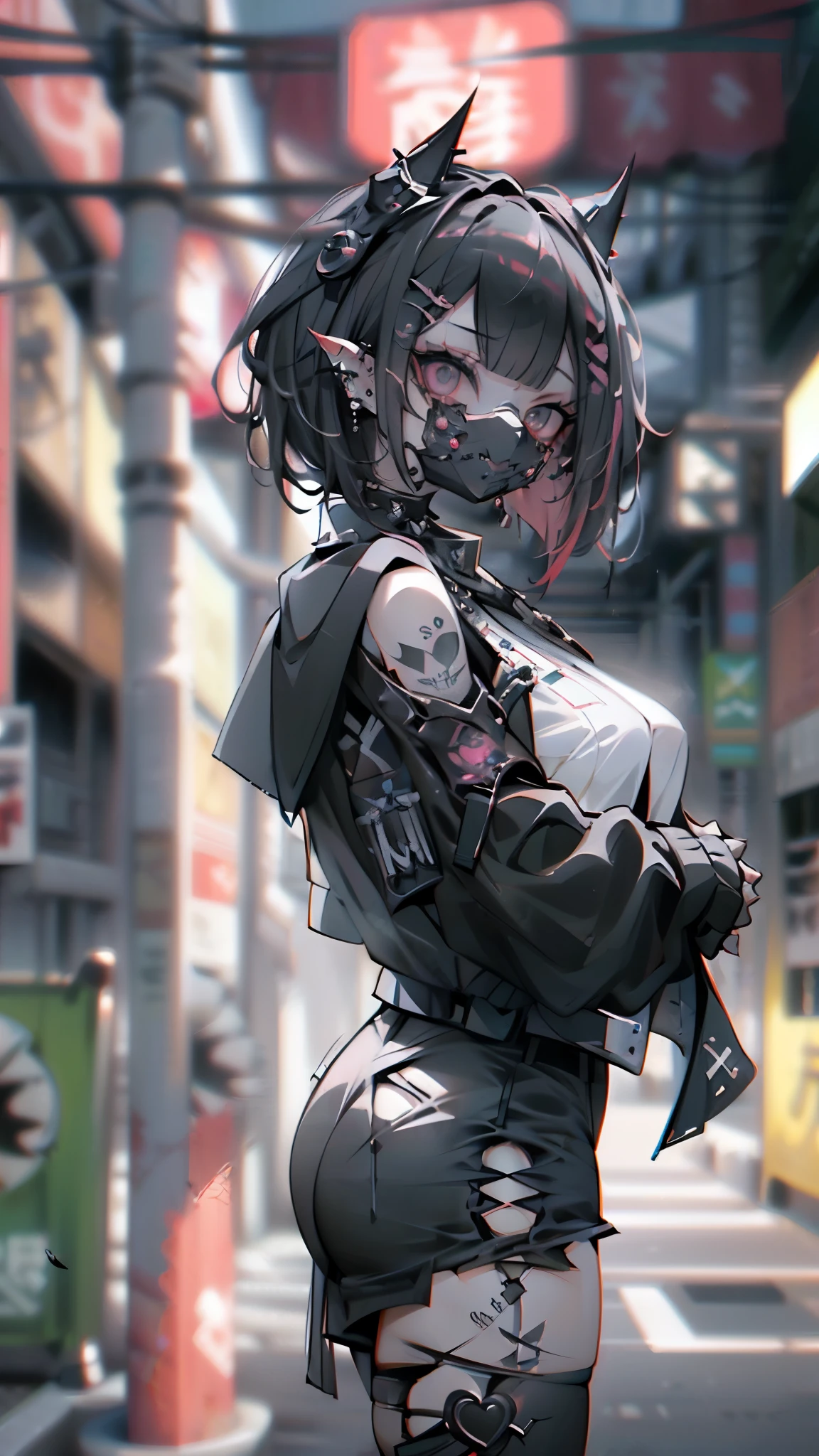 straight fadecut haired, Punk Girl, Without mohawk sleeves, The tattoo, head phone, 🎧, goth_punk, 1girl in, solo, medium shot, Walking in Harajuku, ((during night)), bokeh dof, Neon light, Iridescent eyes, gray eyes, glowing blue long hair, Black eyebrows, Radiant hair, (iridescent red hair), lots of earrings, labret, facial piercings, bangs, jewelry, masks, blunt bangs, Mouth mask, blurry background, blurry, hair adornments, Look at viewers, short hair, portraitures, side look, goth, (masterpiece), (Portrait), (Aesthetic), (Beautiful), (upper body), (High quality), (aesthetic clothings), (professional angle), (thirds rule), (Feminine), (Woman), (Female), (Beautiful), (Feminine features), (25-years old), Solo, 1 woman, (Charming punk girl), Dramatic light, ((Playing guitar)), (Standing), Edgy makeup, (huge breasts), (Front face), (Defiant expression), ((defiance)), (Leather jackets and tattoos), ((Short hair)), (dyed (E.G. and pinks) hair), (spiky hair), (Thick hair), matte Shine Hair, (Hair bands scattered in the hair), (gray eyes), (Bold and bold look), (pale skin), (Dark clothes), (Band T-shirt), (Ripped jeans), (-), crew neckline), ((Urban alley background)), (up close shot), Beautiful hands, Two hands, normal hands, Two arms, complete hands, Beautiful body, Beautiful fingers, normal fingers, Five Fingers, Five Fingers, (Thumb index finger ring finger), Beautiful ears, normal ears, Beautiful eyes, shiny eyes, Beautiful mouth, Beautiful lips, tatoos, black gloves,