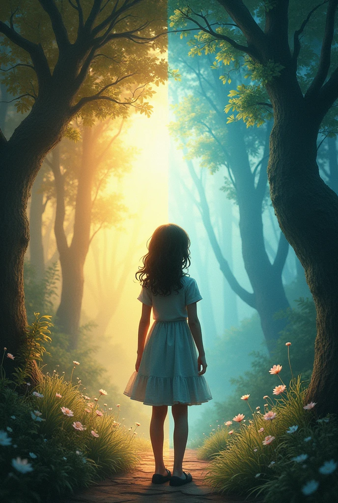 One girl in two different worlds, one the real world and the other a fantasy world, but on one side the real world and on the other the fantasy world and each personality of the girl from each world with her back to the other