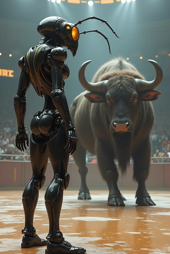 A cyborg costume human ant standing in fight ring with a buffalo human cyborg costume glossy