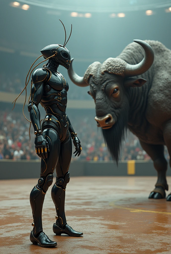 A cyborg costume human ant standing in fight ring with a buffalo human cyborg costume glossy