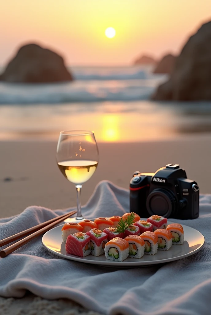 (photorealism: 1.2), a plate of sushi with chopsticks on a beach towel with a NIKON D7200 camera, white wine at sunset on the rocks of a beach