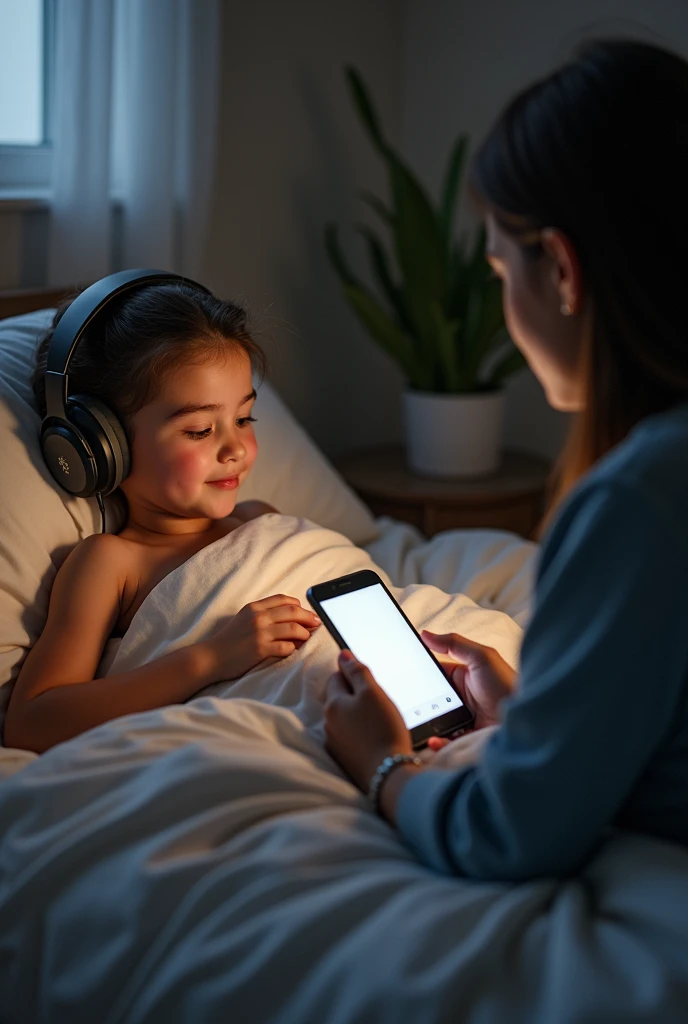 An" cerebral palsy "person lying in a bed with neurological issues wearing a headphone speaking ,a mobile app in their table capturing her text .Another person receiving this speech through text or audio from his mobile 