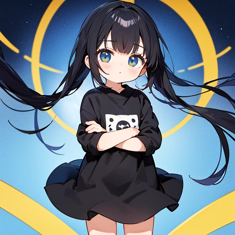 1 person、Long black hair cute Anime Style A look of contemplation in the center Tilt your head Arms crossed Charm High resolution