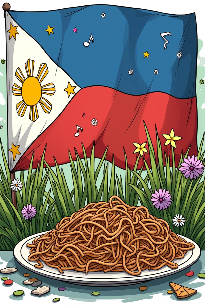 Make a doodle art philipines flag, inside of the Philippines flag have this:
–Bayanihan:  People helping each other carry a large basket (like a community project).
- Pagmamano: A child respectfully holding the hand of an elder.
- Pakikisama:  A group of friends laughing and sharing food.
- Utang na Loob:  Someone offering a gift to someone who helped them.
- Kapwa:  Two hands clasped together, symbolizing empathy and connection.
- Small details:
- Rice fields:  Representing hard work and agriculture.
- Flowers:  Representing beauty and nature.
- Musical notes:  Representing love for music and arts.
- Filipino food:  A plate of adobo or pancit, symbolizing delicious cuisine.