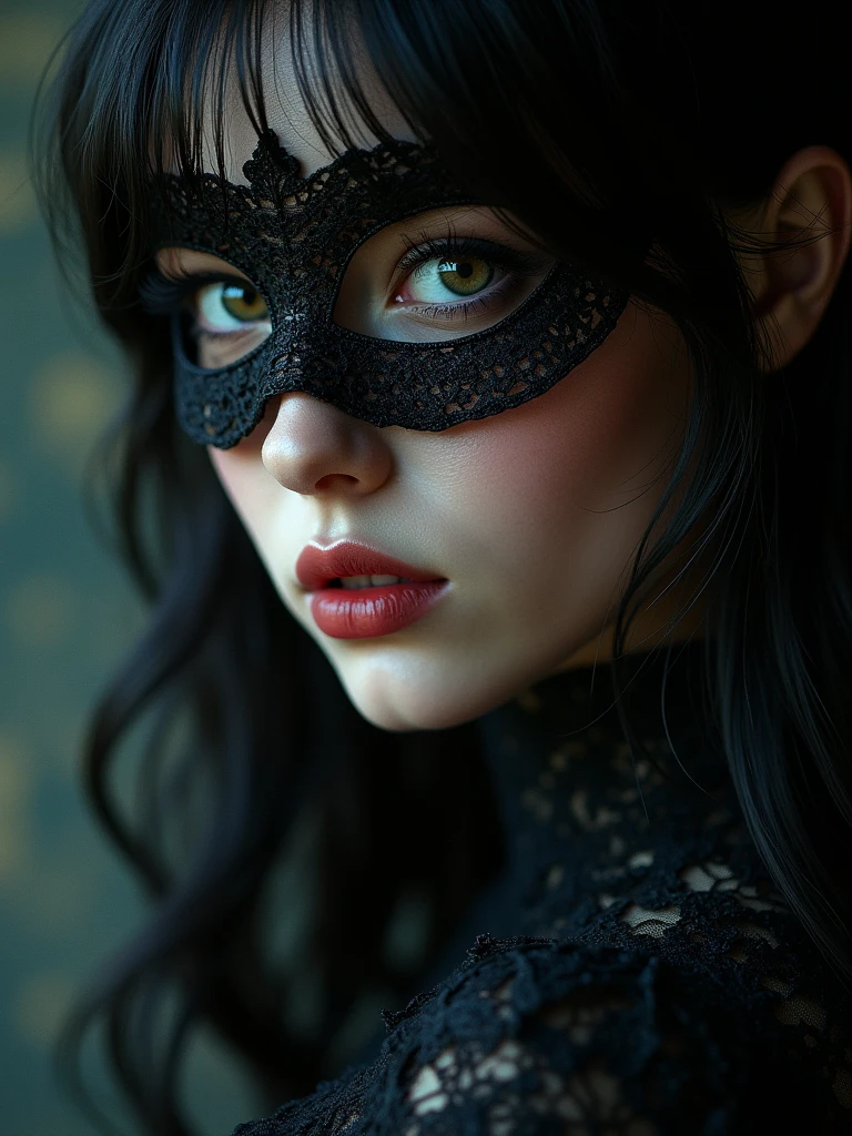 a close up of a person wearing a mask, dreamy gothic girl, elegant render, half body photo, mistress, photoshop render, ebony rococo, elegant girl, female spy, haunting beautiful young woman, super-hero girl, extravagant dress, beauty girl