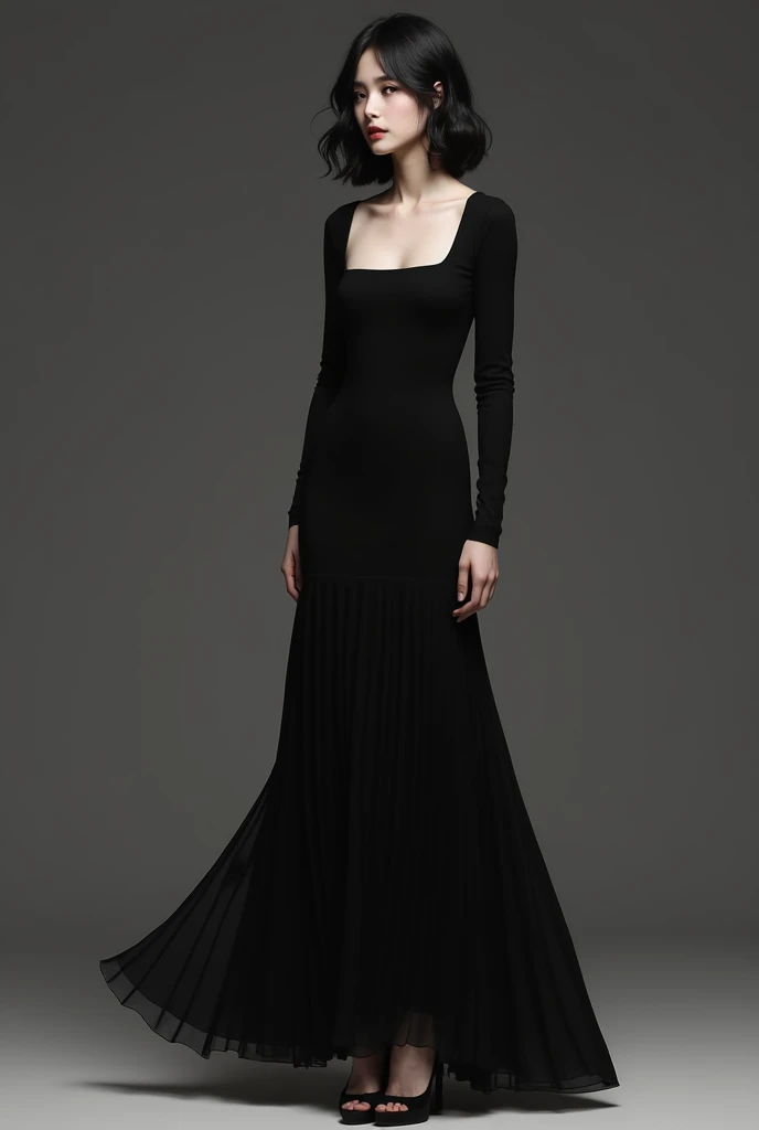 A human skinny girl with shoulder length hair wearing a complete black, thight full sleeve, square neck, ankle length, pleated long dress with black heels