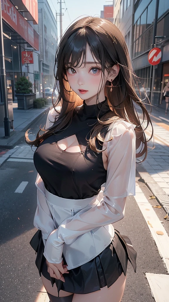 ((Midnight, Best quality, 8k, Masterpiece :1.3)), Whole body, Long legs, Sharp focus :1.2, A pretty woman with perfect figure :1.4, Slender abs :1.1, ((Dark brown hair, Big breasts :1.2)), (White tight tshirt, Jean bib, Standing:1.2), ((Night city view, Rooftop:1.3)), Highly detailed face and skin texture, Detailed eyes, Double eyelid