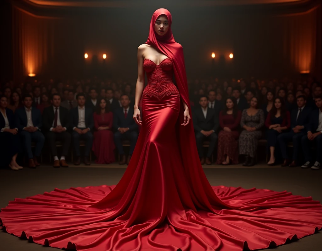 A woman shrouded in a 10-meter-long, plush red satin cloth, tightly bound and grandly draping along the form of her body, wear corset with exposed breasts, flowing off into a pooled floor-length train, styled in a mermaid-inspired outfit, her head modestly veiled in a satin hijab, tall woman, walking in photo studio, a full-body pose posing in front of people, captured in a 4k resolution, ultra-realistic