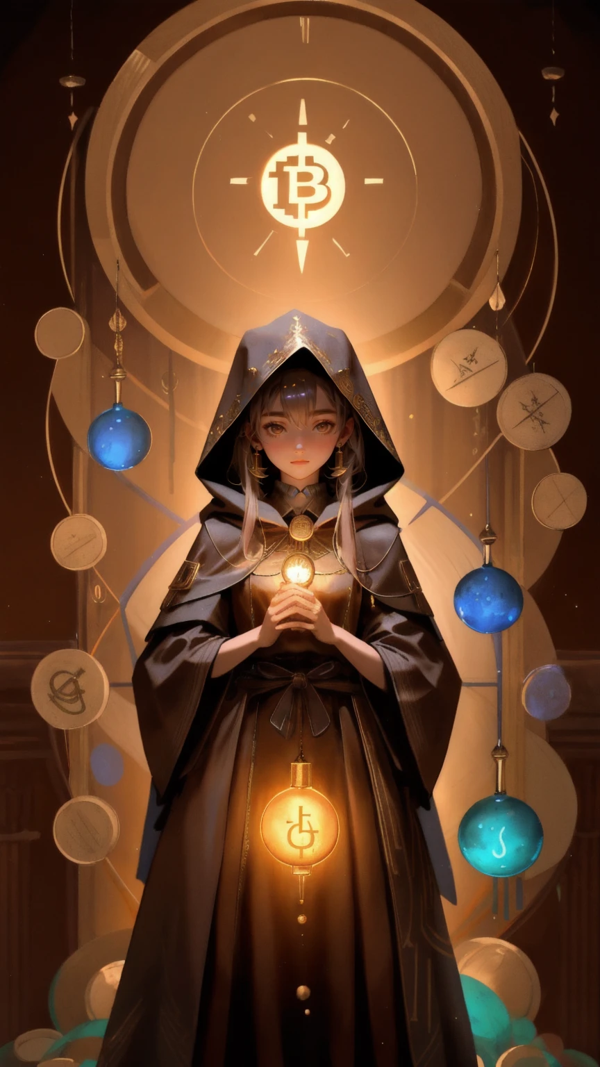 A beautiful girl alchemist dressed in a hooded robe, standing at a wooden table covered with ancient scrolls and bubbling flasks. She is deep in the process of 'Altcoin Alchemy,' with glowing coins of various cryptocurrencies hovering above her hands, all against a rich brown background that enhances the magical ambiance of the scene.