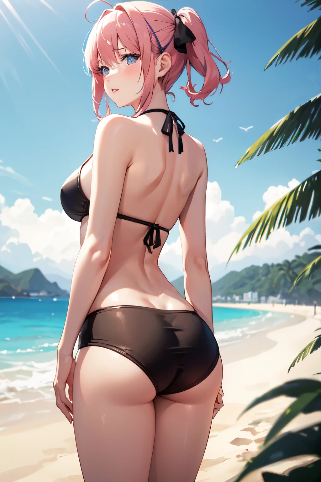 (masterpiece:1.2, high quality), (Pixiv:1.4), (One person:1.2), (alone:1.2), (Smooth:1.2), (Nakano Nino), (have confidence), A little blush, Glossy Lips, Crystal Blue Eyes, Black eyeshadow, Pale skin, Pink Hair, bangs, bangs over eyes, clavicle, String Bikini, String, Hair Ribbon, y Outfits, (Perfect round ass2), (Subjective view of thighs), I had already finished, Beach outfit, View from below, Rear view, Recall, Narrow waist, Super detailed, Soft lighting, High Contrast, (Blurred_background:1.2), highly concentrated face, (Detailed face), Essential Details, Vibrant colors, High resolution, 4K, Beautiful outdoors, Beach, (Ocean view), sunny day, Beach volleyball, (sand), Pebble