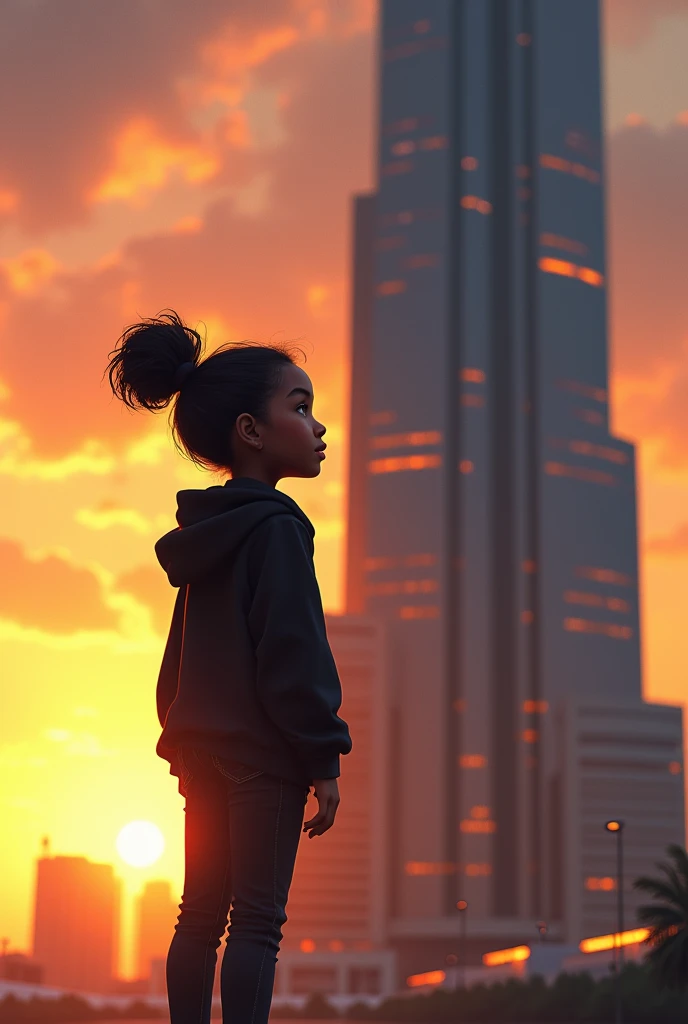A sub-saharan girl with her hair ties in a messy bun. She is dressed in a black hoodie, black jeans and black Snickers. She's looking up at a tall building tainted by the rays of a setting sun.