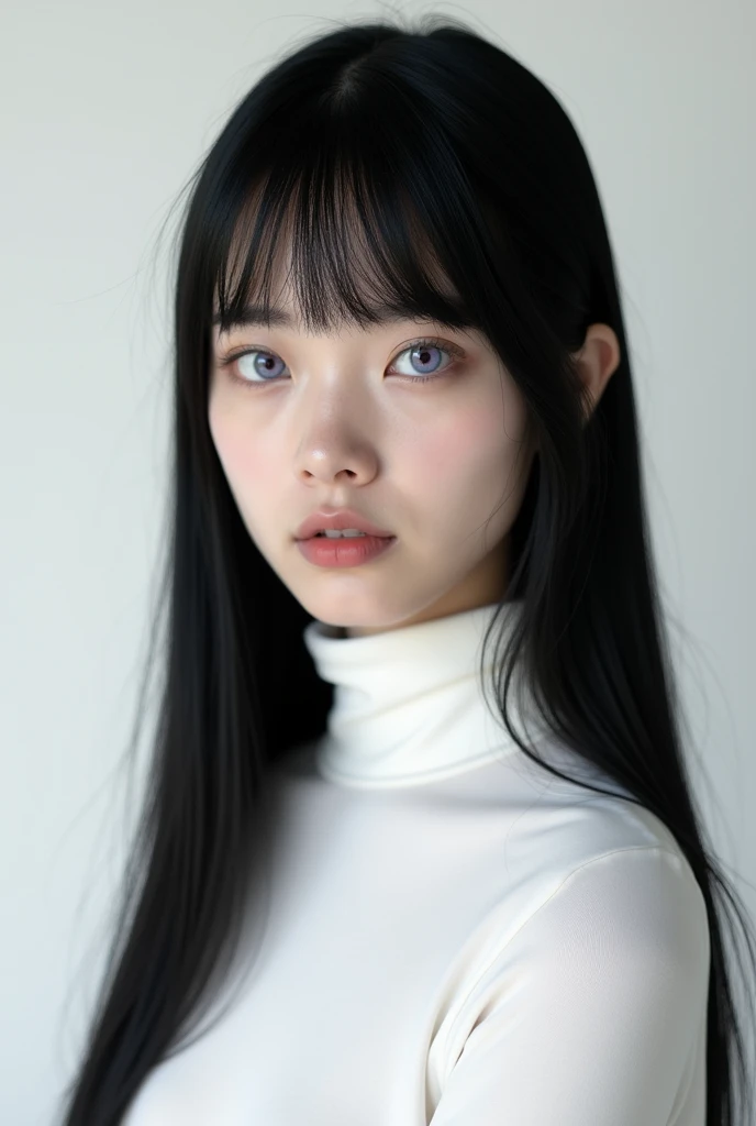 A young woman with long, sleek black hair and a straight fringe stands calmly, exuding a sense of grace and quiet power. Her pale skin contrasts beautifully with her dark hair, and her eyes are a striking lavender, glowing softly and reflecting an inner strength. She wears a high-necked, white turtleneck that adds to her minimalist yet elegant appearance. The background is removed, placing full focus on her serene yet enigmatic expression, as if she holds deep secrets within. The overall atmosphere is one of calm, elegance, and a subtle, underlying power.