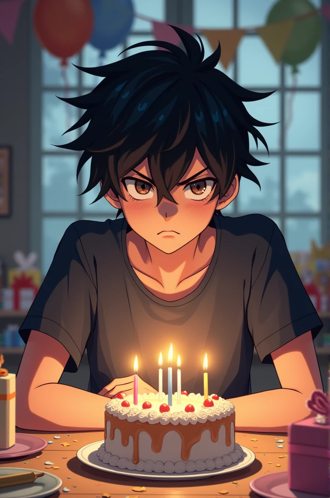 older age boy with black messy hair,of irritated expression,sitting at a birthday table,anime style
