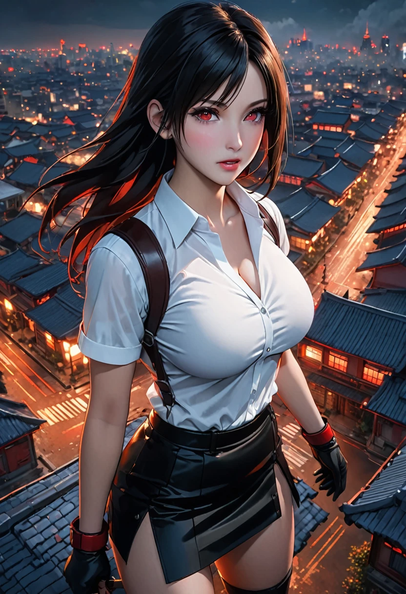 8k,masterpiece,basic quality、(1 person),Tifa Lockhart,Red eyes,City roofs,Black Hair,Long Hair,Professional Lighting,(Glowing Skin:1.2)、((Highest quality)),Highly detailed face and skin texture,Delicate eyes、Black slit skirt,Black Gloves, White button-up shirt,sexy、Black Panties、Big Breasts、Being raped by a zombie