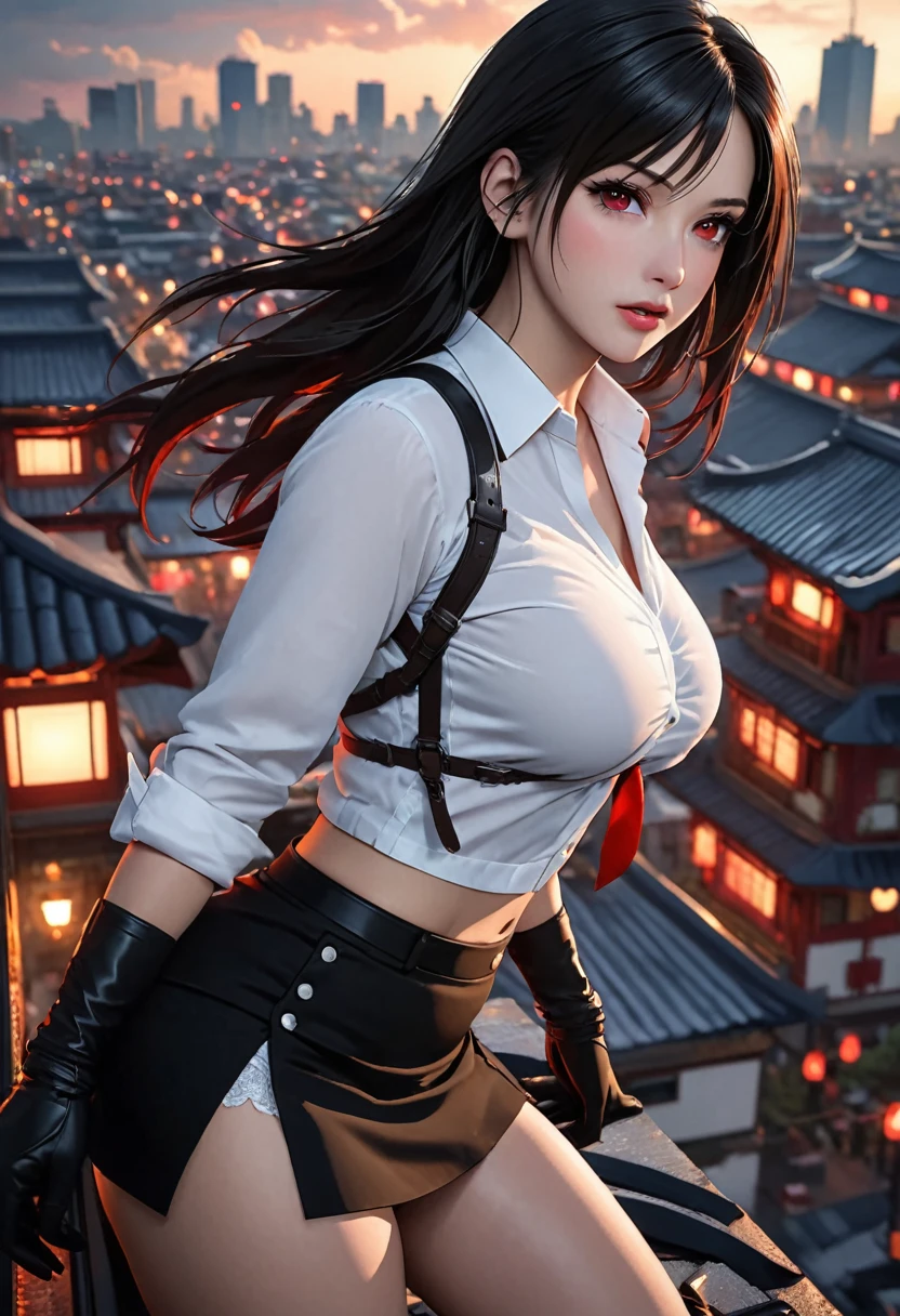 8k，masterpiece，basic quality、（1 person），Tifa Lockhart，Red eyes，City roofs，Black Hair，Long Hair，Professional Lighting，（Glowing Skin：1.2）、（（Highest quality）），Highly detailed face and skin texture，Delicate eyes、Black slit skirt，Black Gloves， White button-up shirt，sexy、Black Panties、Big Breasts、Being raped by a zombie