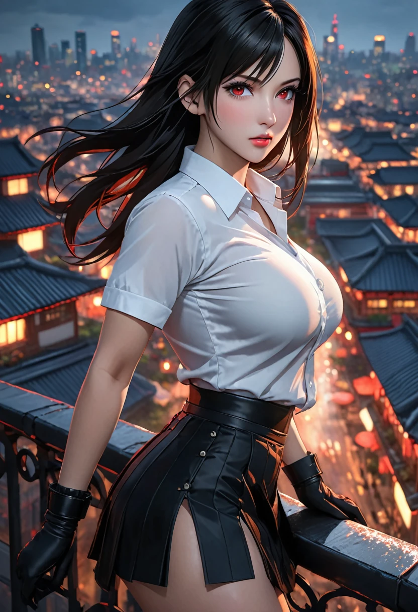 A modern-day warrior woman draped in her country's flag, standing atop a hill with a cityscape below, the scene rendered in dramatic lighting that emphasizes her strength and the dynamic composition of the patriotic theme.