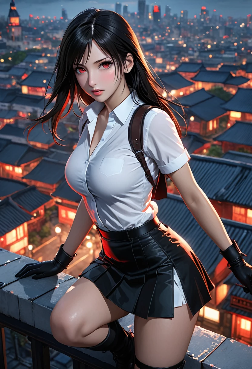 8k，masterpiece，basic quality、（1 person），Tifa Lockhart，Red eyes，City roofs，Black Hair，Long Hair，Professional Lighting，（Glowing Skin：1.2）、（（Highest quality）），Highly detailed face and skin texture，Delicate eyes、Black slit skirt，Black Gloves， White button-up shirt，sexy、Black Panties、Big Breasts、Being raped by a zombie