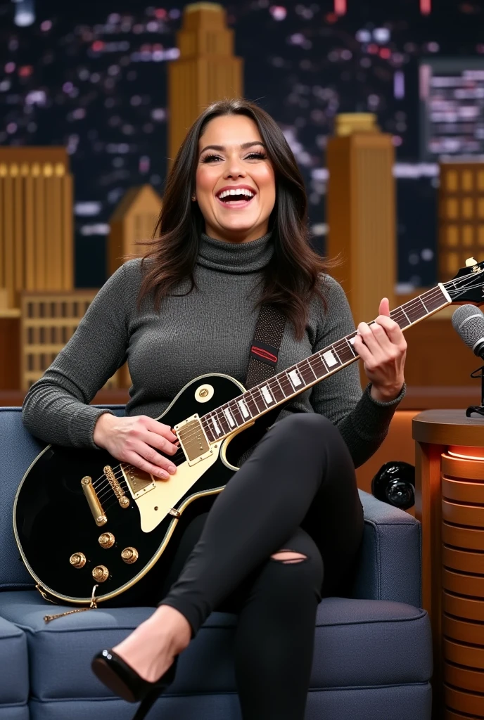 She is a 40-year-old very beautiful and glamorous white famous rock star who appears on a popular variety talk show.、She answers the questions from the male host with a big laugh、『The Tonight Show』,Saggy super big、super realistic mature's slender body and skin,glamorous sexy figure milf,A thin, tight turtleneck sweater、Skinny Damaged Jeans、Low Pumps、Discreet necklace、plump full body neat milf,super realistic mature's body and skin,very huge sagging tits,She has a dark brunette straight long hair,A full body image of her sitting on a single-seater sofa.、A man in a suit, likely a host, is briefly visible in the background、You can see the entire studio set.、Coffee Mugs、Overacting to express something、She sits cross-legged and giggles as she plays her black Gibson Les Paul, with its tattered, peeling paint.、The tips of the nipples are protruding from the knitted、