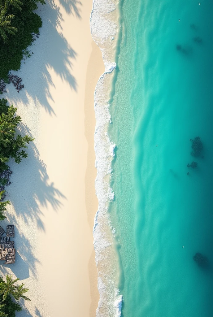 (photorealism: 1.2), shot of a beach seen from above, with turquoise, transparent water and fine sand