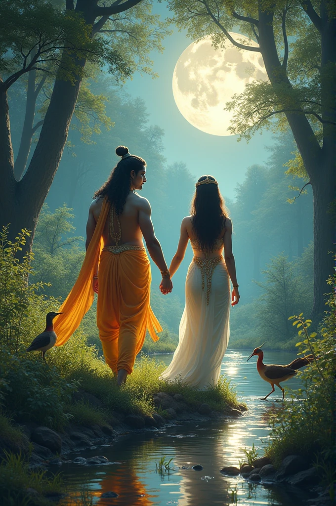 Shree Ram And Sita maa in nature walk beautiful with birds and animals with water and moon