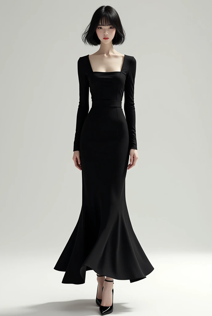 A human skinny girl with shoulder length hair wearing a complete black, thight full sleeve, square neck, ankle length, pleated long dress with black heels