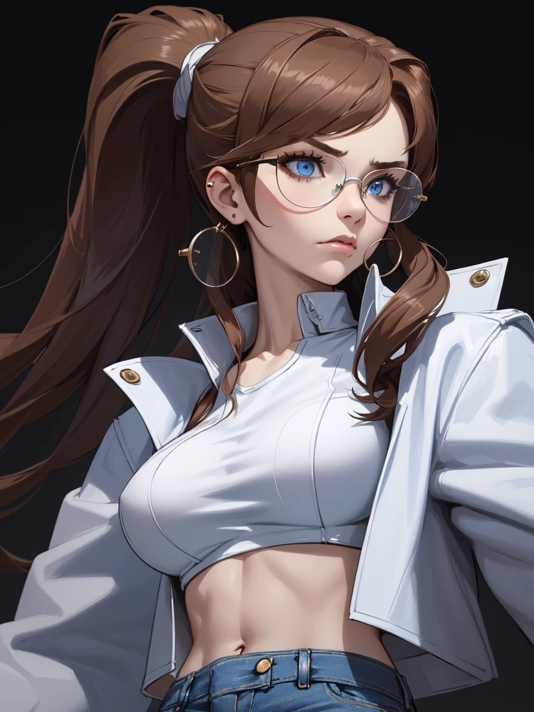 (((Portrait Photo))), She has a Strong and Assertive 18-Year-Old Appearance, with a Strong, Muscular Build, an Athletic Figure, and an Aggressive Demeanor. She has Long, Straight Brown Hair Tied in a High, Oversized Ponytail, with Strands Falling Over Her Forehead. Her Light Blue Eyes Express a Serious and Defiant Look, Giving Off a Self-Confident Attitude. She Wears a Tight White Crop Top, Revealing Her Midriff, Paired with an Open Denim Jacket and Circular Glasses. (((High Quality, Dark Background))), (((Portrait Photo)))