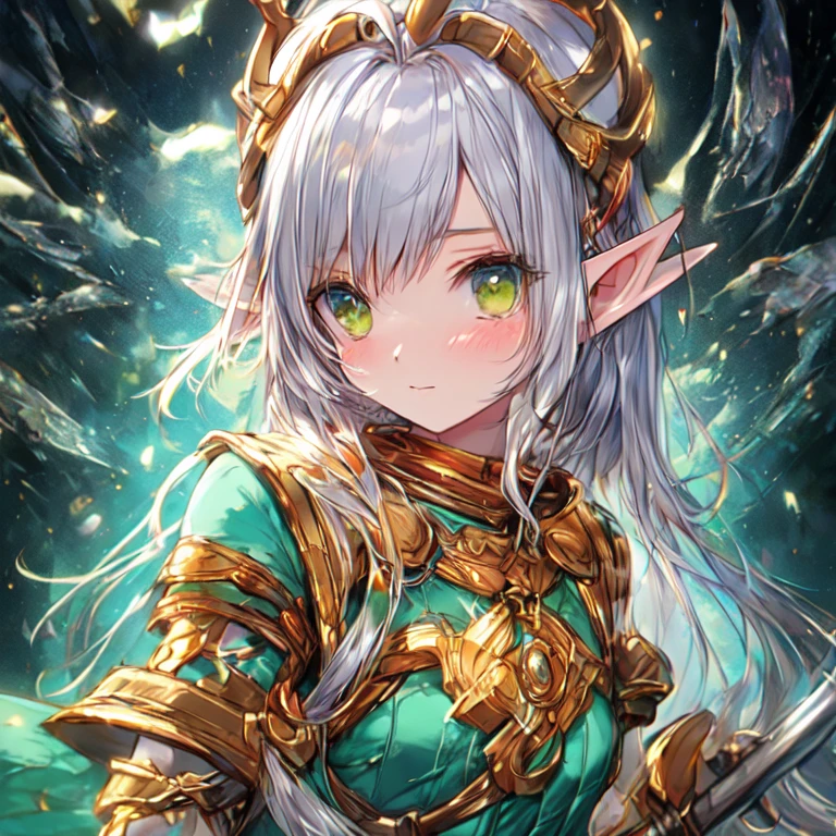 Beautiful elf lolka with small horns, long silver hair, and green eyes, medium chest, and a two-handed hammer UHD, textured skin, super detail, high details, high quality,
