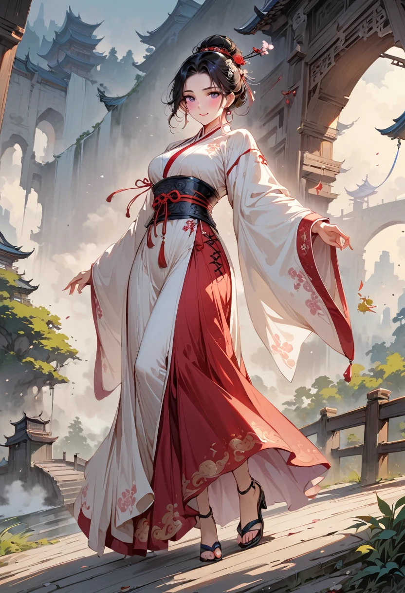 (masterpiece, best quality:1.2), 1 woman, Hanfu, （Dress conservatively：1.3）, (delicate and beautiful face:1.8), mature, laugh, black hair, hairpin, purple eyes, , beautiful bridge, (ink stain) beautiful portrait, clothing ink style, Traditional Chinese armor, ink bismuth, from below, masterpiece, high details,full body,เต็มตัว,ถือกระบี่