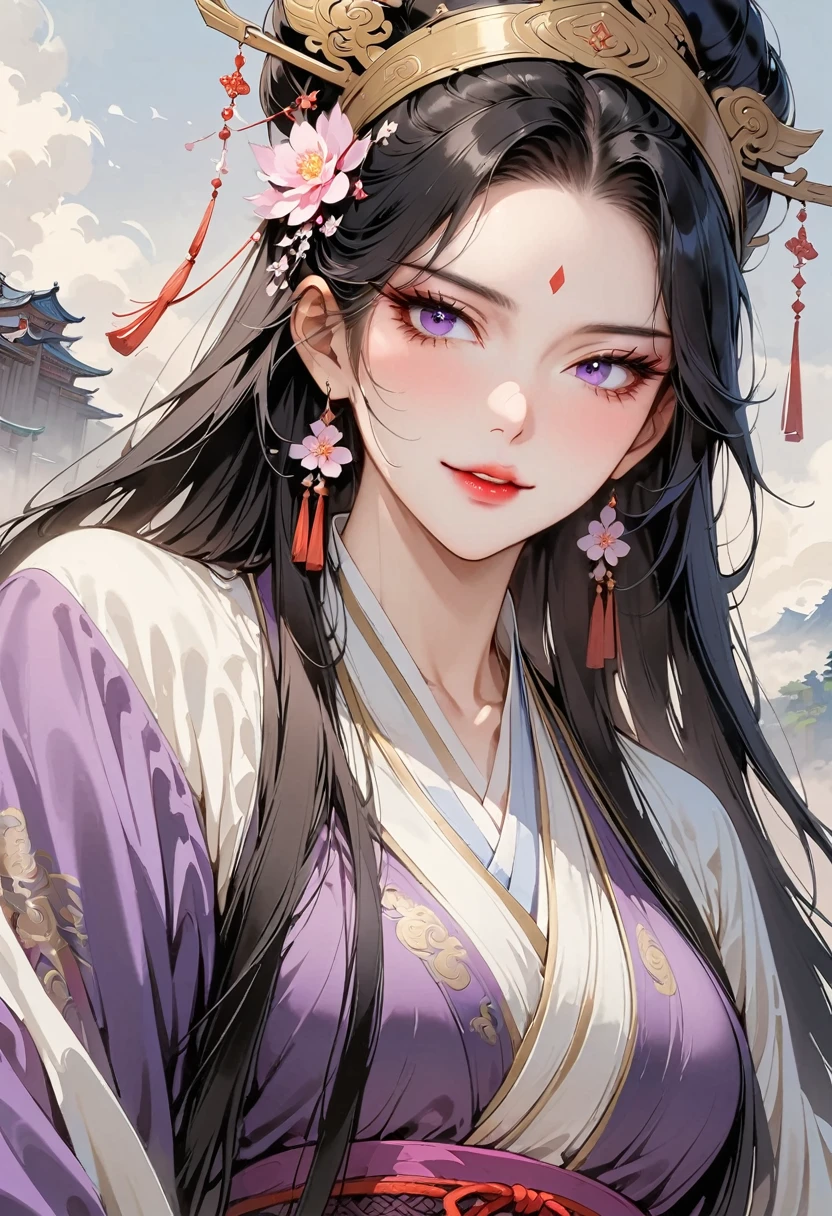 (masterpiece, best quality:1.2), 1 woman, Hanfu, （Dress conservatively：1.3）, (delicate and beautiful face:1.8), mature, laugh, black hair, hairpin, purple eyes, , beautiful bridge, (ink stain) beautiful portrait, clothing ink style, Traditional Chinese armor, ink bismuth, from below, masterpiece, high details,full body,เต็มตัว,ถือกระบี่