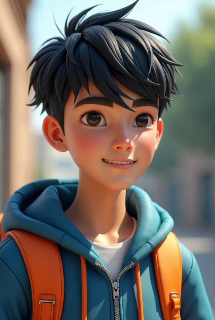 describe a man, , with blue and orange school wearpack, school background with black French Crop hair style, warna kulit sawo matang, 3d realistic 