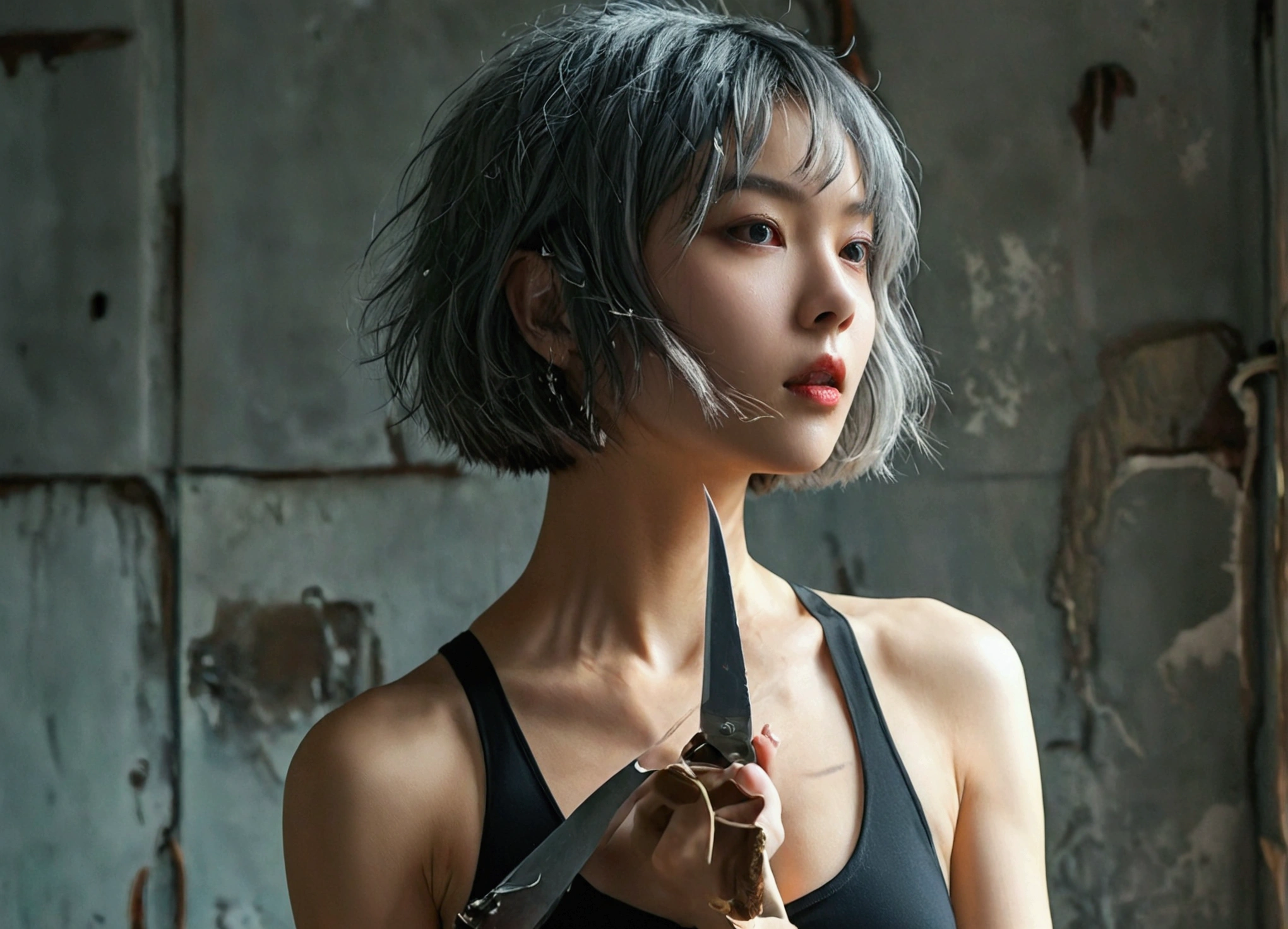 Wearing a black bodysuit、A girl with short, unkempt bob hair、Gray Hair、Hold the knife、See who's watching。