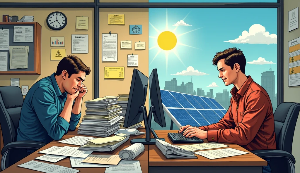 (Comic Book) Séparer l'image en deux partie, deux bureaux face à face, à gauche un bureau encombré de formulaire et de papier qui débordent de partout, avec un homme fatigué qui est avachi sur son bureau. à droite un espace de travail dégagé, sans aucun papier, qui brille, avec un homme qui est joyeux, qui peut se concentrer sur son travail de poseur de panneaux solaires