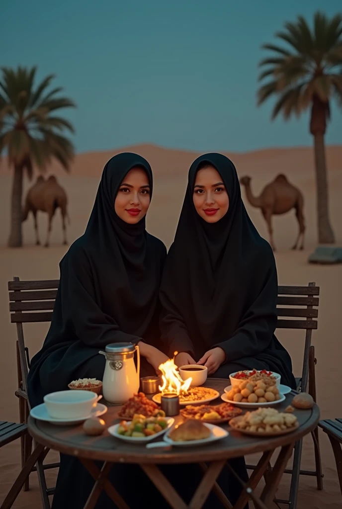 professional portrait, two 3 asian women, wearing black hijab, sitting on folding chairs, folding table, lots of food and coffee, desert background, date palms, sitting camels, small campfire at night