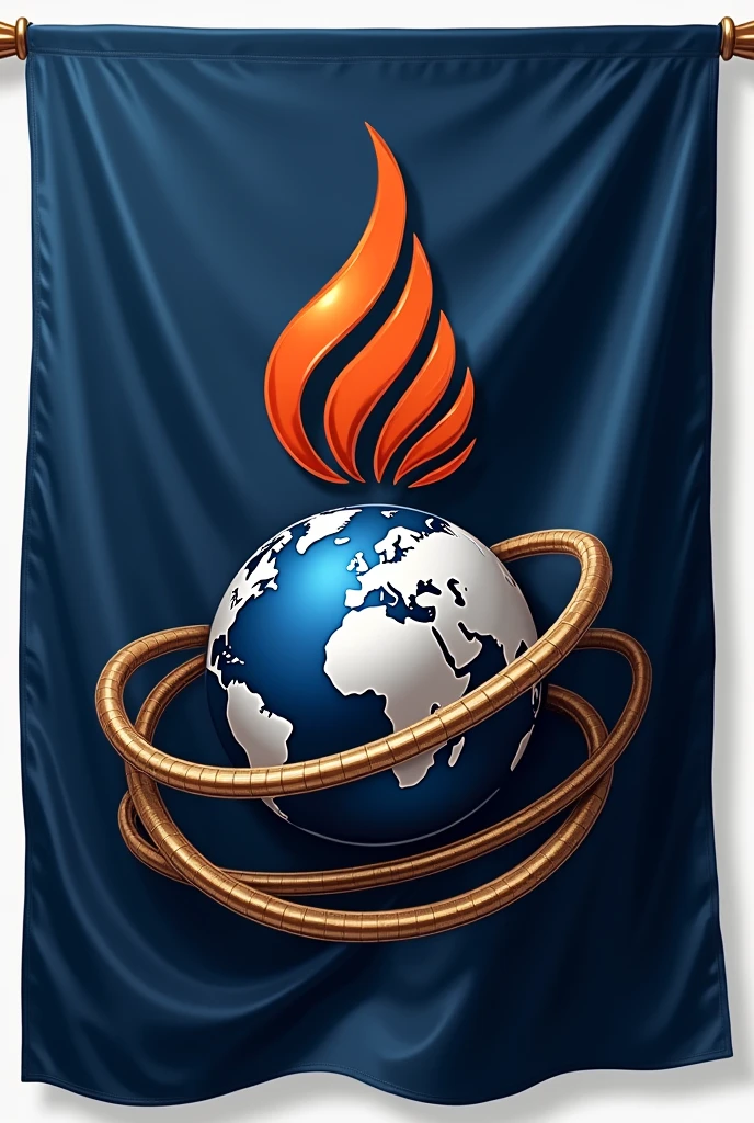 The flag for Nexus Oil and Gas Solutions exudes prestige and complexity, reflecting the stature of a multi-trillion-dollar company. The base of the flag is a deep navy blue, symbolizing trust, stability, and authority. At the center of the flag is a metallic silver globe, representing the company's global reach and influence in the oil and gas industry. Curving around the globe are sleek, golden pipelines, signifying the flow of energy and connectivity that the company provides across the world. Above the globe, there is a powerful, stylized flame in vibrant orange-red, symbolizing the core essence of energy and the dynamic nature of the oil and gas sector. The company name, "Nexus Oil and Gas Solutions," is prominently displayed in bold, white lettering, adding to the flag's commanding presence. The design is sophisticated, capturing the essence of a leading energy corporation.I want it to appear like a tailored flag 