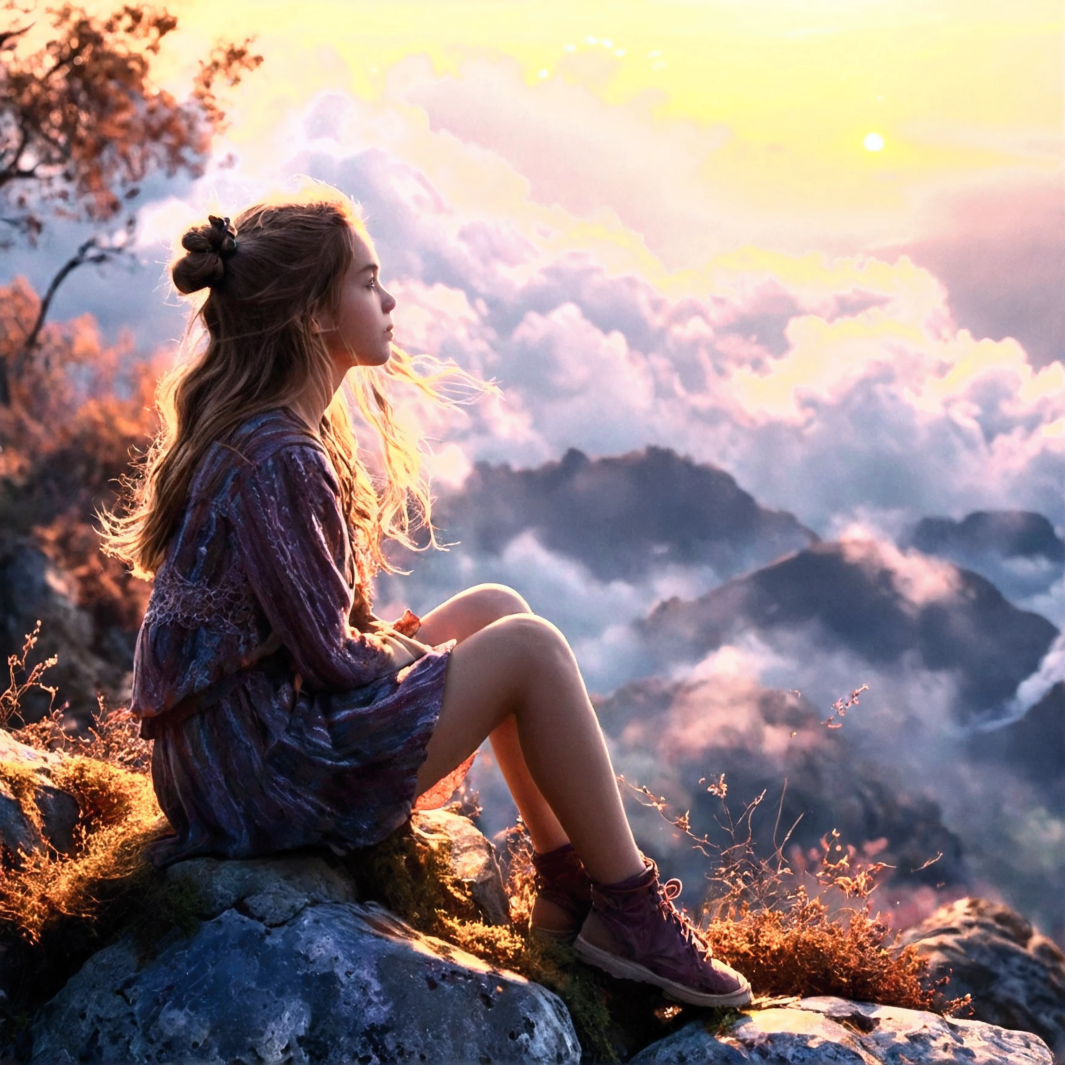 girl sitting on a rock looking at the sky