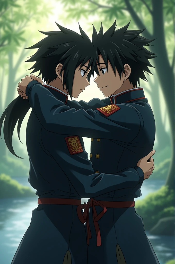 Tanjiro Kamado and Giyuu Tomioka giving each other a hug 
