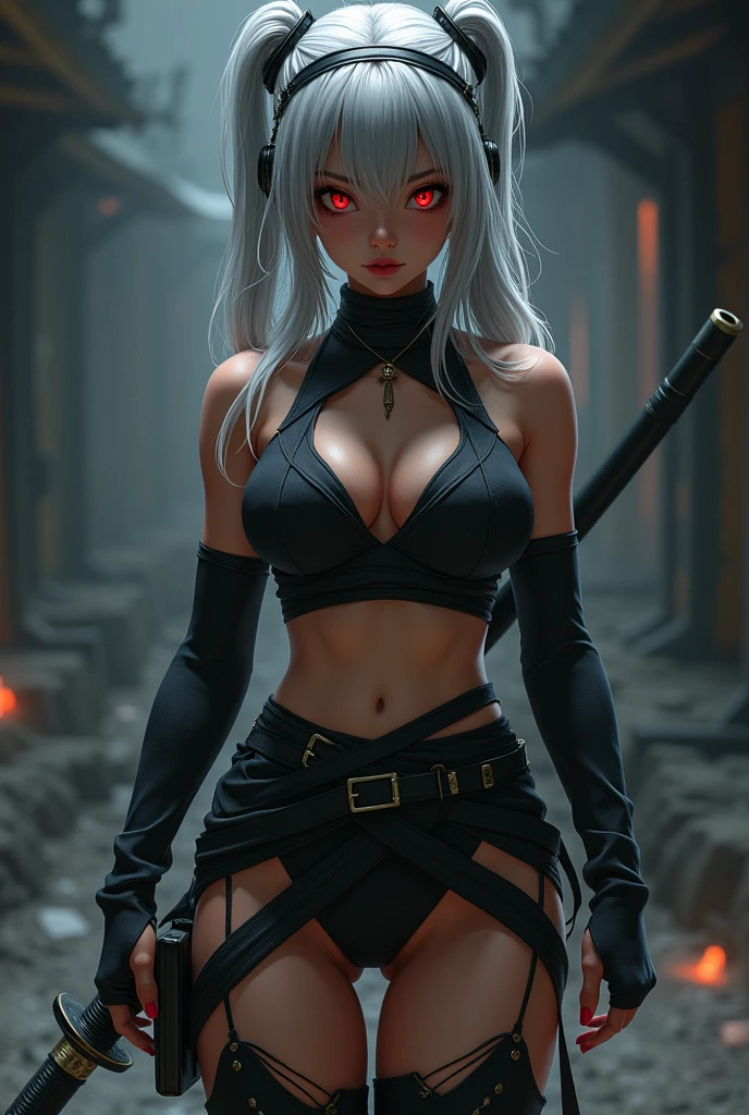 Gray haired age girl with red eyes with curvy waist and big thighs and big butt wearing sexy ninja clothes