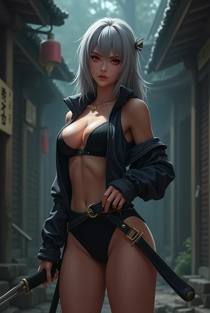 Gray haired teenage girl with red eyes with curvy waist and big thighs and big butt wearing sexy ninja clothes