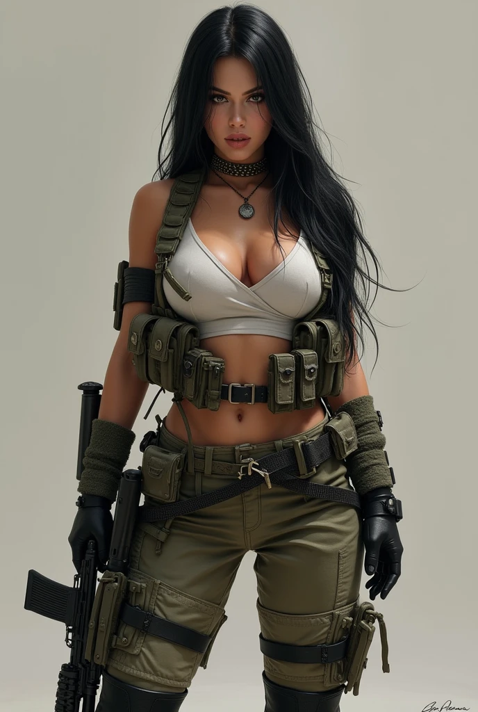 Long,straight Black hair that reached to her calves,very pale skin loke porcelain,honey coloured eyes,plump lips, big breasts 38J wearing a cargo pants,black boots and a croprop with underboob,a belt with rifles,combat knives and other combat equipment,