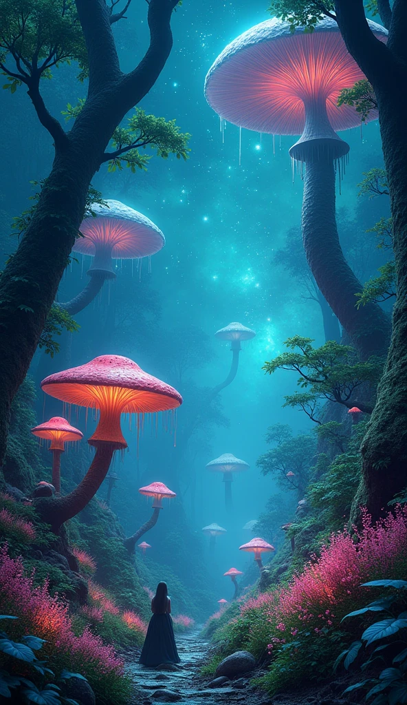 Viral anime nature wallpaper in 8K quality, in the style of digital illustration inspired by Yoshitaka Amano, showing a mystical forest with giant mushrooms, bioluminescent plants, and ethereal creatures wandering around; cool and mystical color temperature, cosmos lighting with stars twinkling in the sky, no human characters, the atmosphere is otherworldly and enchanting --v 5 --stylize 1000